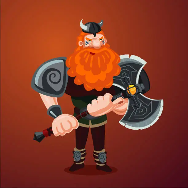 Vector illustration of Viking with axe. Angry red bearded antique warrior. Cartoon character. Game design.