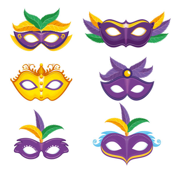 set of purple and yellow carnival mask mardi gras set of purple and yellow carnival mask mardi gras vector illustration graphic design mardi gras stock illustrations