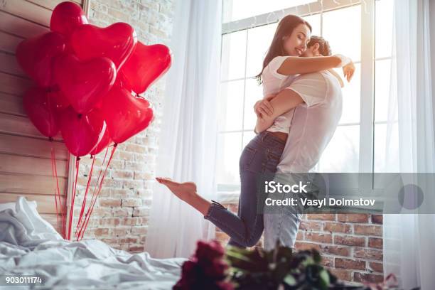 Couple In Bedroom Stock Photo - Download Image Now - Valentine's Day - Holiday, Couple - Relationship, Boyfriend