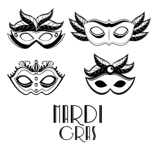 Vector illustration of set of purple and yellow carnival mask mardi gras