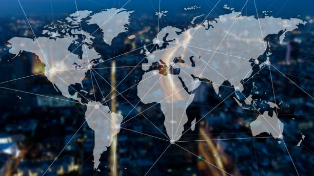 Double exposure of city scape, worldmap and connecting dots. Globalization and corporate communication concept. stock photo