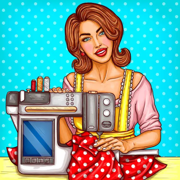 Vector illustration of Vector pop art woman seamstress sews on machine