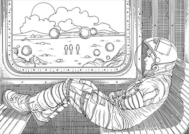 Girl on train. Vector illustration with astronaut traveling by rail on Mars Martian landscape outside window. Colonization of new planet. Fantastic world of future. Black and white sketch background of the sad face black and white stock illustrations