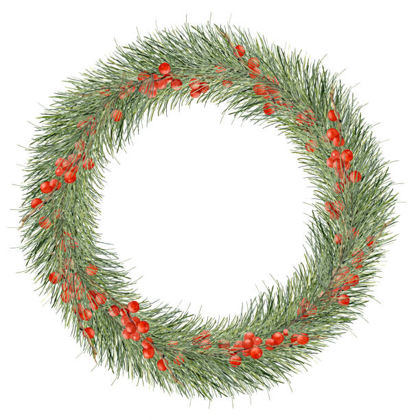 istock Watercolor Christmas wreath with red berries. Hand painted border with fir branches and red holly berry isolated on white background. New year tree with decor. Holiday print for design 903022842