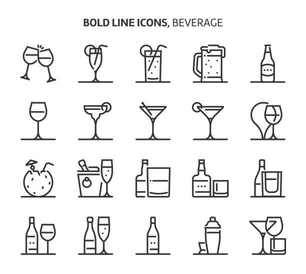 Beverage, bold line icons Beverage, bold line icons. The illustrations are a vector, editable stroke, 48x48 pixel perfect files. Crafted with precision and eye for quality. background of a cheers beer mugs stock illustrations
