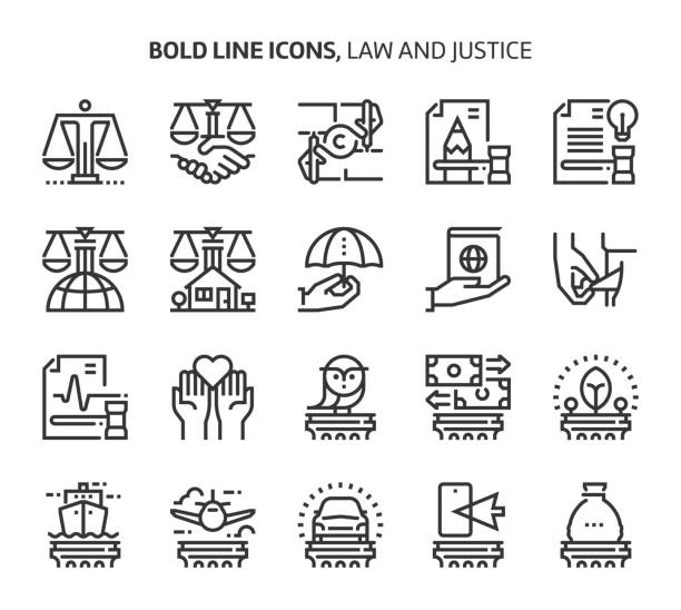 Law and justice, bold line icons Law and justice, bold line icons. The illustrations are a vector, editable stroke, 48x48 pixel perfect files. Crafted with precision and eye for quality. background of a owl black and white stock illustrations