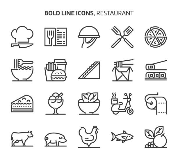 restaurant, fett gedruckte zeile symbole - symbol food salad icon set stock-grafiken, -clipart, -cartoons und -symbole