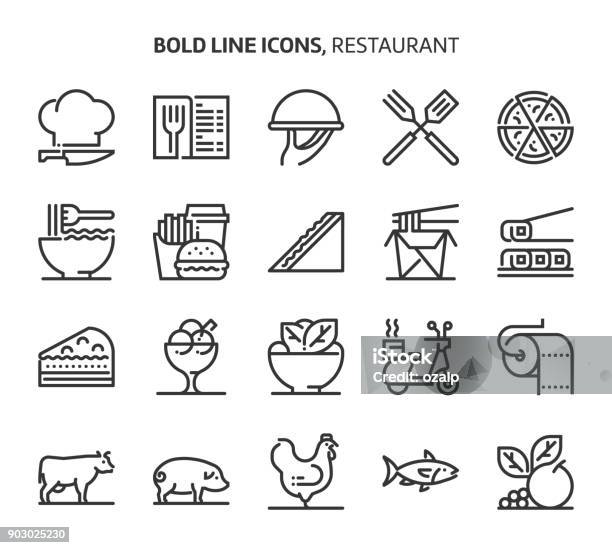 Ilustración de Restaurante Los Iconos De Línea y más Vectores Libres de Derechos de Ícono - Ícono, Trazo editable, Bocadillo