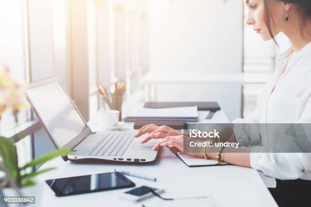 Attractive Female Assistant Working Typing Using Portable Computer Concentrated Looking At The Monitor Office Worker Reading Business Email Stock Photo - Download Image Now