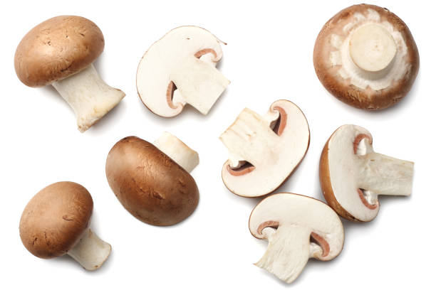 istock Fresh champignon mushrooms isolated on white background. top view 903031818