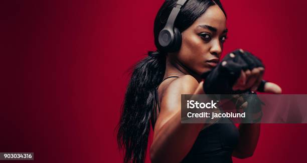 Strong Young Woman Practising Boxing Stock Photo - Download Image Now - One Woman Only, Gym, Health Club