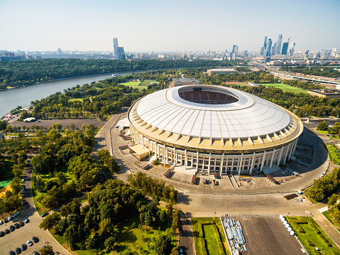 Moscow - August 19, 2017: Aerial view of Moscow with the Luzhniki Stadium in 2017, Russia. Luzhniki Stadium has been selected for the 2018 FIFA World Cup.