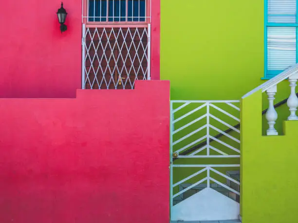 Beautiful vibrant houses in the Bo-Kaap area of Cape Town, South Africa. Shot on a summer day.