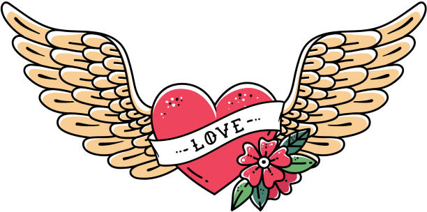 ilustraciones, imágenes clip art, dibujos animados e iconos de stock de mano dibujada del tatuaje de corazón con alas, cinta, flor y la palabra amor. vuela corazón, ilustración vectorial - heart shape wing red vector