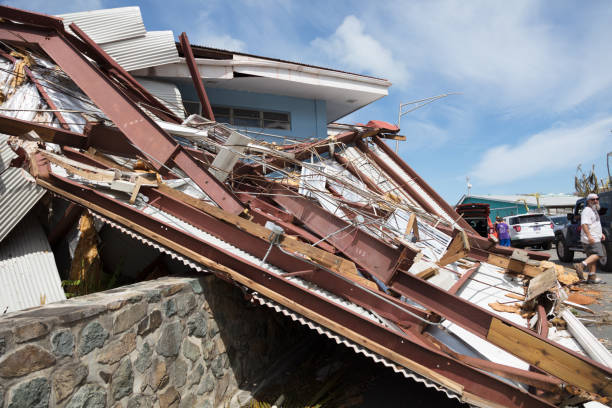 Cruz Bay, St John, US Virgin Islands - Sept 08, 2017: Aftermath of Hurricane Irma, St John, roof blown off by 200 mph gusts, 2 days after storm