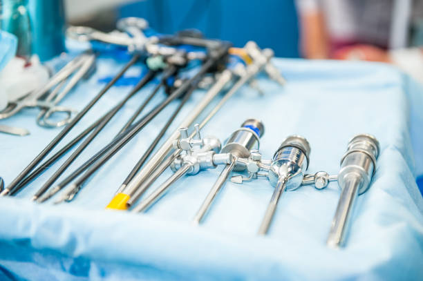 Close up steralized surgical tools for laparoscopic surgery. Selective focus Close up steralized surgical tools for laparoscopic surgery. Selective focus animal abdomen photos stock pictures, royalty-free photos & images