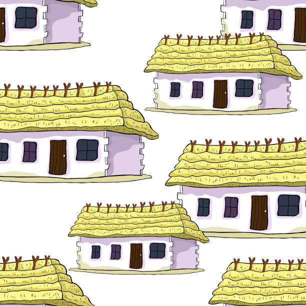 bezszwowy dom wzór z dachem strzechy. ilustracja wektorowa - thatched roof illustrations stock illustrations