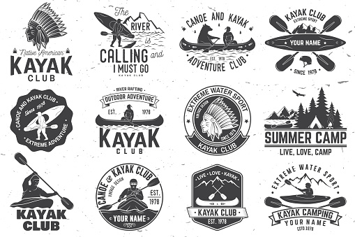 Set of canoe and kayak club badges. Vector. Concept for shirt, print, stamp or tee. Vintage typography design with mountain, river, american indian and kayaker silhouette. Extreme water sport.