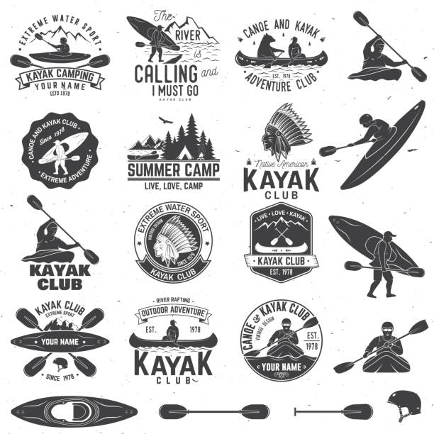 stockillustraties, clipart, cartoons en iconen met set van kano en kajak club badges. vectorillustratie - kano op rivier