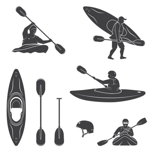 ilustrações de stock, clip art, desenhos animados e ícones de set of extrema water sports equipment, kayaker and canoe silhouettes - rafting nautical vessel river canoe