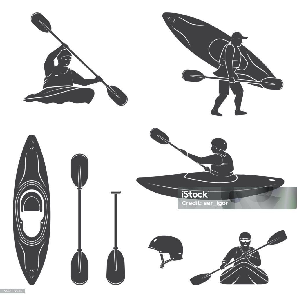 Set of extrema water sports equipment, kayaker and canoe silhouettes Set of extrema water sports equipment, kayaker and canoe silhouettes. Vector illustration. Collection include kayak, paddles, helmet and kayaker silhouettes. Kayak stock vector