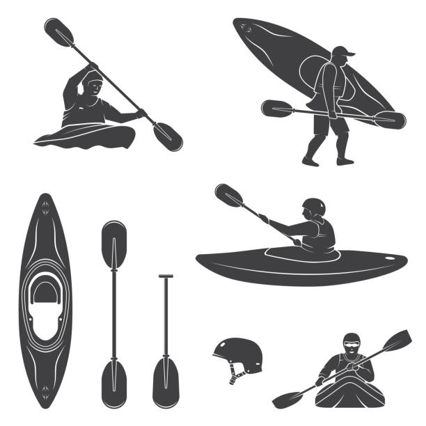 Set of extrema water sports equipment, kayaker and canoe silhouettes Set of extrema water sports equipment, kayaker and canoe silhouettes. Vector illustration. Collection include kayak, paddles, helmet and kayaker silhouettes. rafting kayak kayaking river stock illustrations