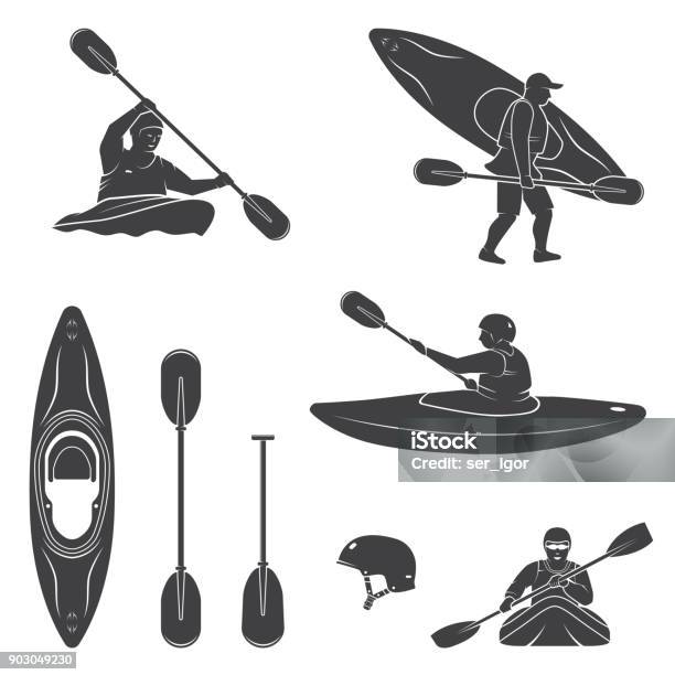Set Of Extrema Water Sports Equipment Kayaker And Canoe Silhouettes Stock Illustration - Download Image Now