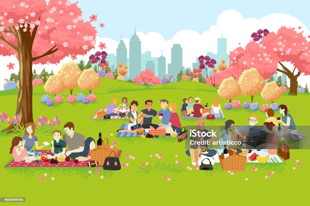 People Having Picnic at the Park During Spring A vector illustration of People Having Picnic at the Park During Spring Picnic stock vector