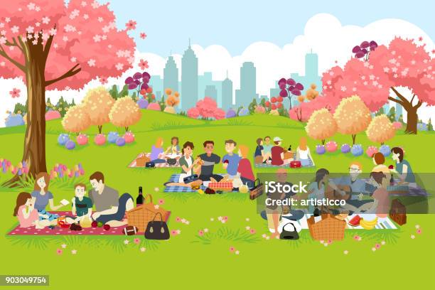 People Having Picnic At The Park During Spring Stock Illustration - Download Image Now - Picnic, Family, Public Park