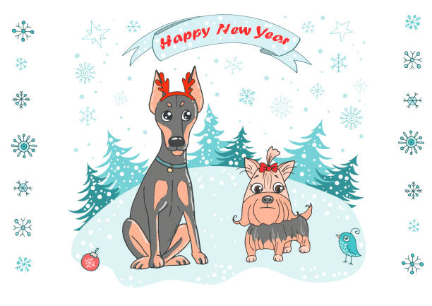 Cute dog and bird in cartoon style Christmas Greeting Card with cute dog breed Yorkshire terrier and doberman, bird and snowflakes on white background. Lovely illustration in cartoon style. Symbol of Chinese New Year 2018. drawing of the doberman pinscher dogs stock illustrations