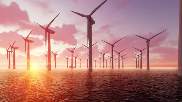 istock Wind farm at dusk and sea 3D render 903053338