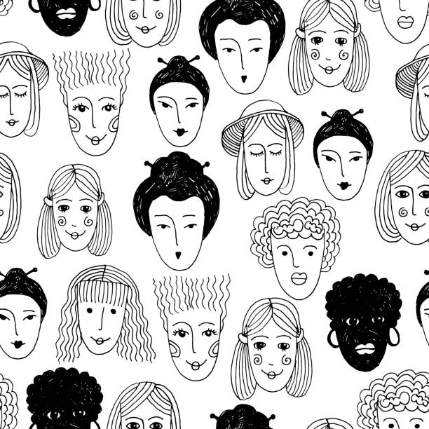 illustrations, cliparts, dessins animés et icônes de illustration de vecteur de croquis. doodle motif sans soudure des visages de différentes nationalités. chinois, européens, africains - backgrounds black seamless textured