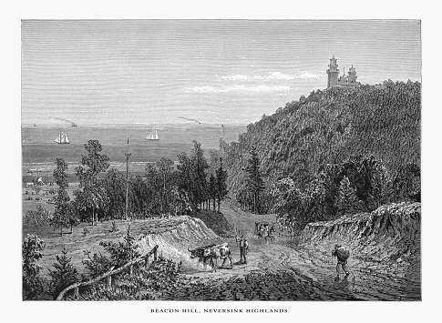 Very Rare, Beautifully Illustrated Antique Engraving of Beacon Hill, Shrewsbury River, The Neversink Highlands, New Jersey, United States, American Victorian Engraving, 1872. Source: Original edition from my own archives. Copyright has expired on this artwork. Digitally restored.