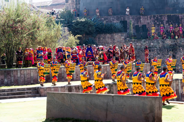 Inti Raymi Festival Cusco Peru South America Cusco, Peru, South America - June 24, 2015: Men And Women In Traditional Inca Costumes At Inti Raymi Festival Musicians And Warriors"n inti raymi stock pictures, royalty-free photos & images