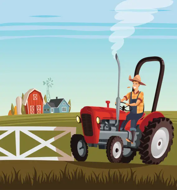 Vector illustration of Red tractor and driver on  small farm