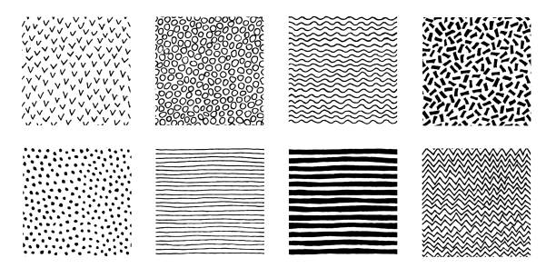 Hand Drawn Patterns Doodle Design Irregular hand drawn patterns collection. Seamless doodle backgrounds. Striped, dotted, wave, chevron graphic print. Chaotic vector illustration black and white stock illustrations