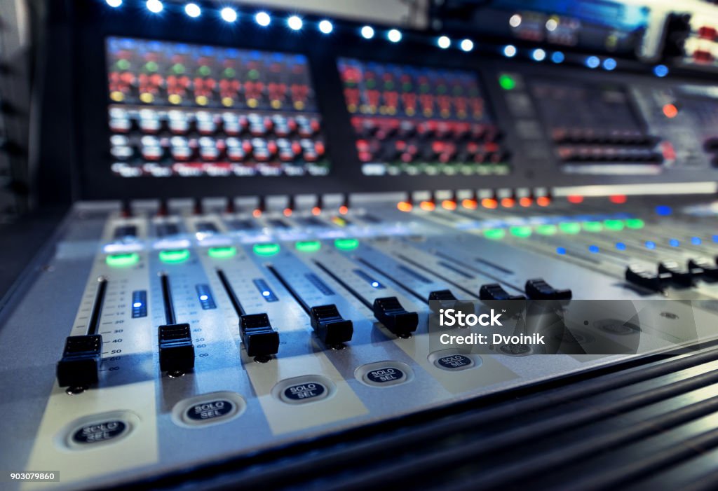 control panel of the sound engineer with the mixers on the television studio Equipment Stock Photo