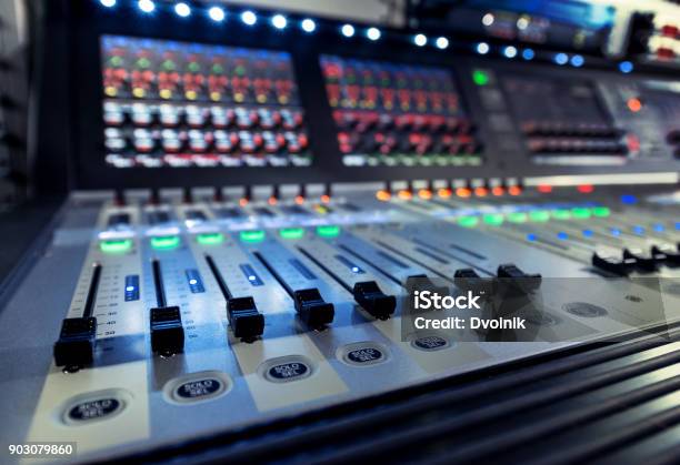 Control Panel Of The Sound Engineer With The Mixers On The Television Studio Stock Photo - Download Image Now