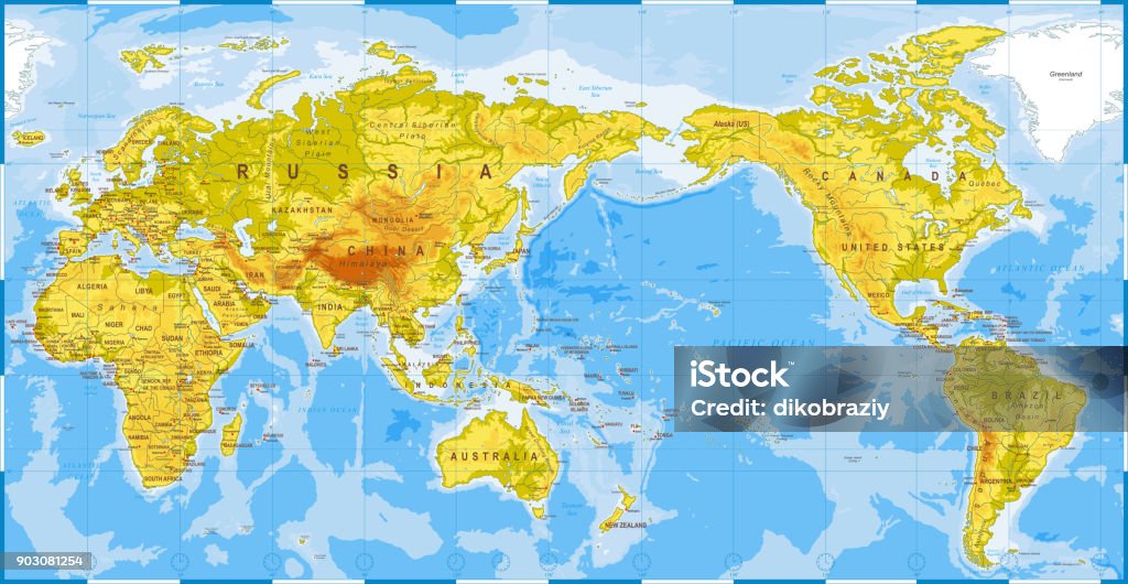 World Map Physical - Asia in Center - China, Korea, Japan World Map Physical - Asia in Center - China, Korea, Japan - vector Pacific Ocean stock vector