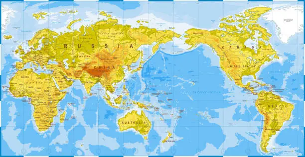 Vector illustration of World Map Physical - Asia in Center - China, Korea, Japan