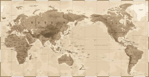 illustrazioni stock, clip art, cartoni animati e icone di tendenza di mappa del mondo annata fisica - asia al centro - cina, corea, giappone - sezione centrale