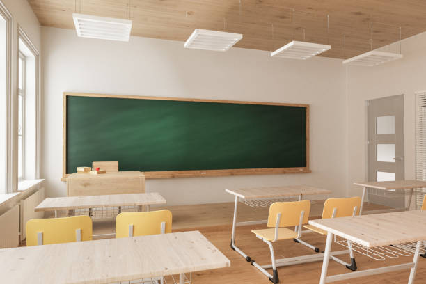istock Front Part of the Classroom with Yellow Chairs and Two Student Desks 903082290