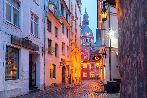 Night street in the Old Town of Riga, Latvia