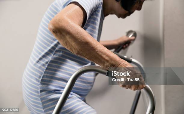 Elderly Woman Holding On Handrail And Walker For Safety Walk Steps Stock Photo - Download Image Now