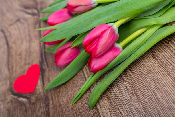 tulips and heart on a wooden table - 3621 imagens e fotografias de stock