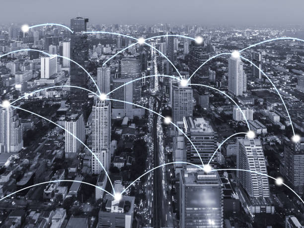 istock network connection  with aerial view of cityscape,network technology concept 903128426