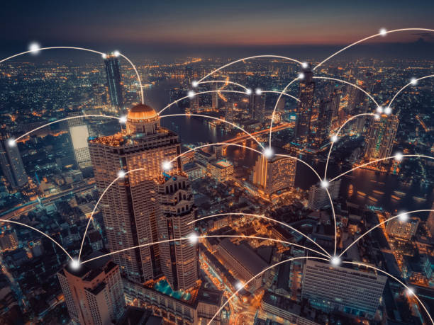 istock network connection  with aerial view of cityscape,network technology concept 903128428