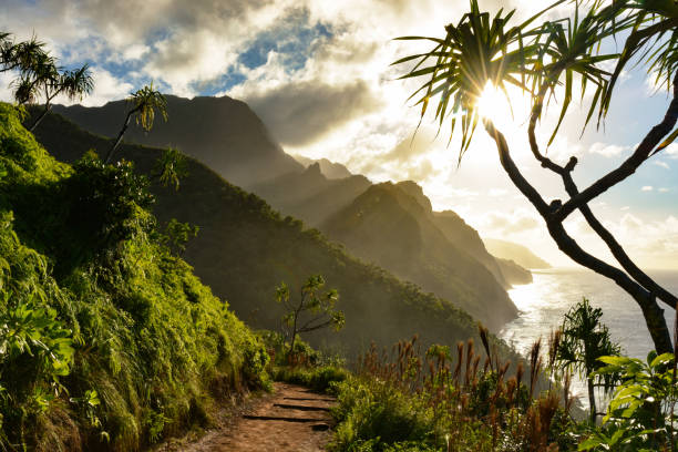 piękny zachód słońca na wybrzeżu na pali ze szlaku kalalau na północnym brzegu kauai - island vacations travel destinations nature zdjęcia i obrazy z banku zdjęć