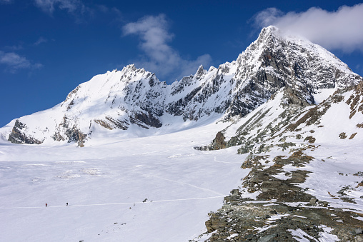 View to the southern face of the mountain Großglockner (3,798 m). The mountain Großglockner is located in the European Alps, part of the main ridge Hohe Tauern and it is the highest summit of Austria.