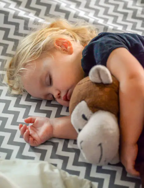 Toddler baby girl clutches a generic stuffed animal monkey, fast asleep in a candid photograph
